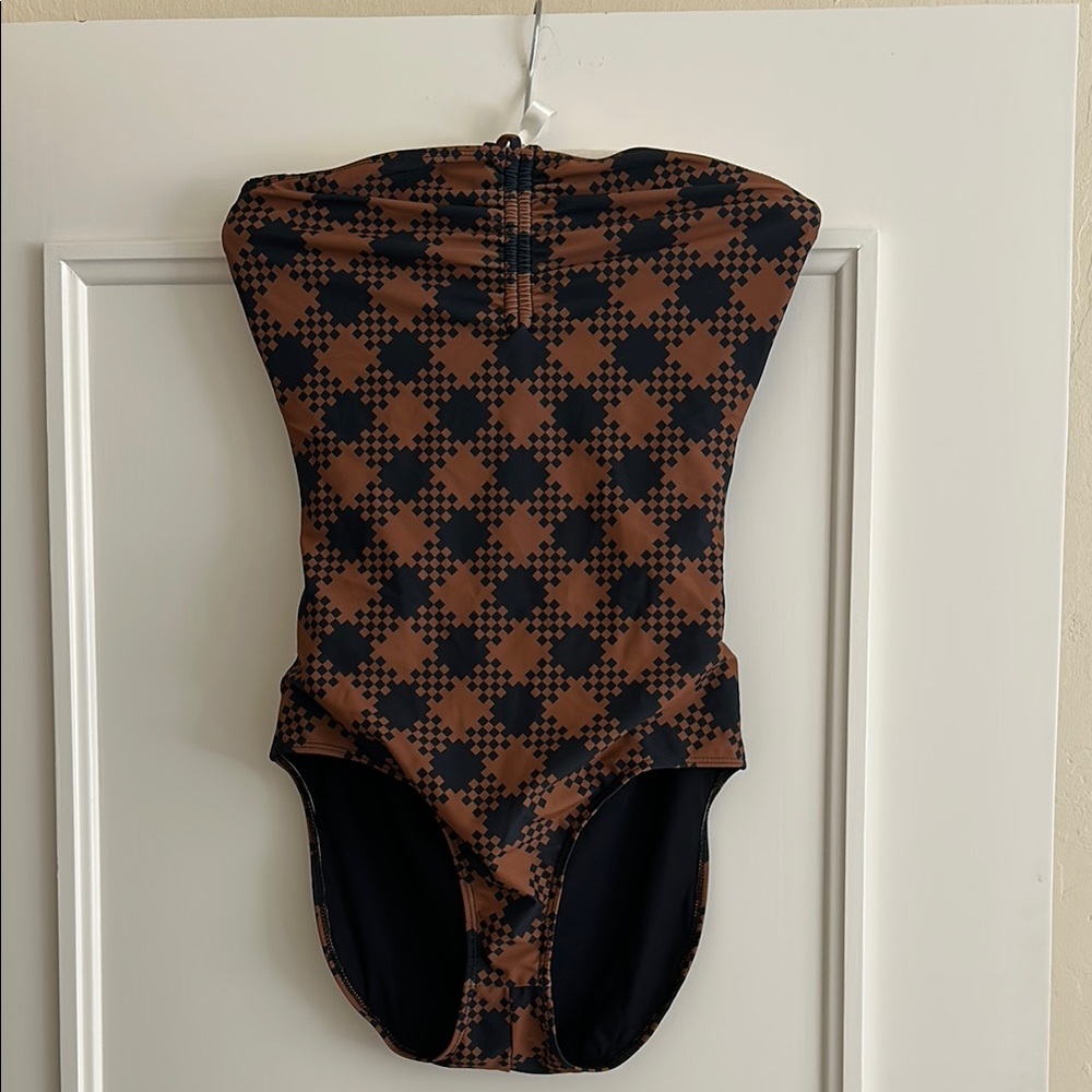 No. 6 Brown and Black Plaid One Piece Swimsuit